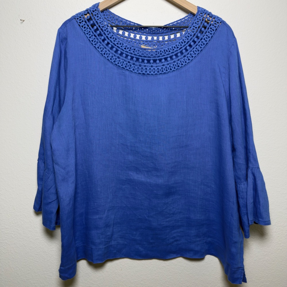 Ruby Rd Women 100% Linen Crochet Blouse XL Blue Bell Sleeve Top Lagenlook Coasta